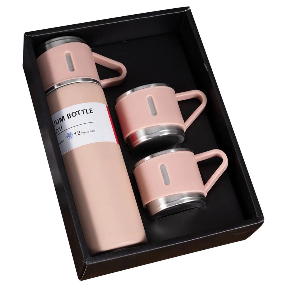 Vacuum Flask Set Insulated Thermo with 3 Cups Gift Set Hot & Cold Drinks Pink